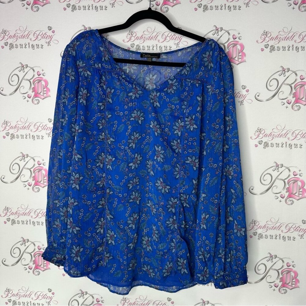Dalia Top Long Sleeve Shimmer Gold Thread Boho Flowers Blue Floral Blouse